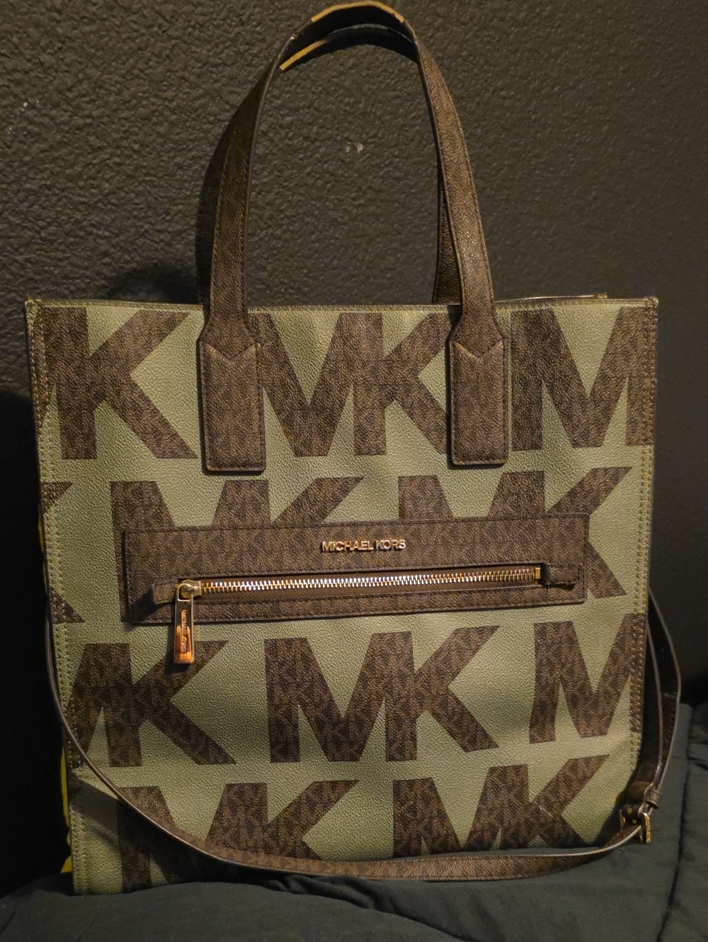 Michael Kors Olive and Brown MK Logo Tote with Front Zip